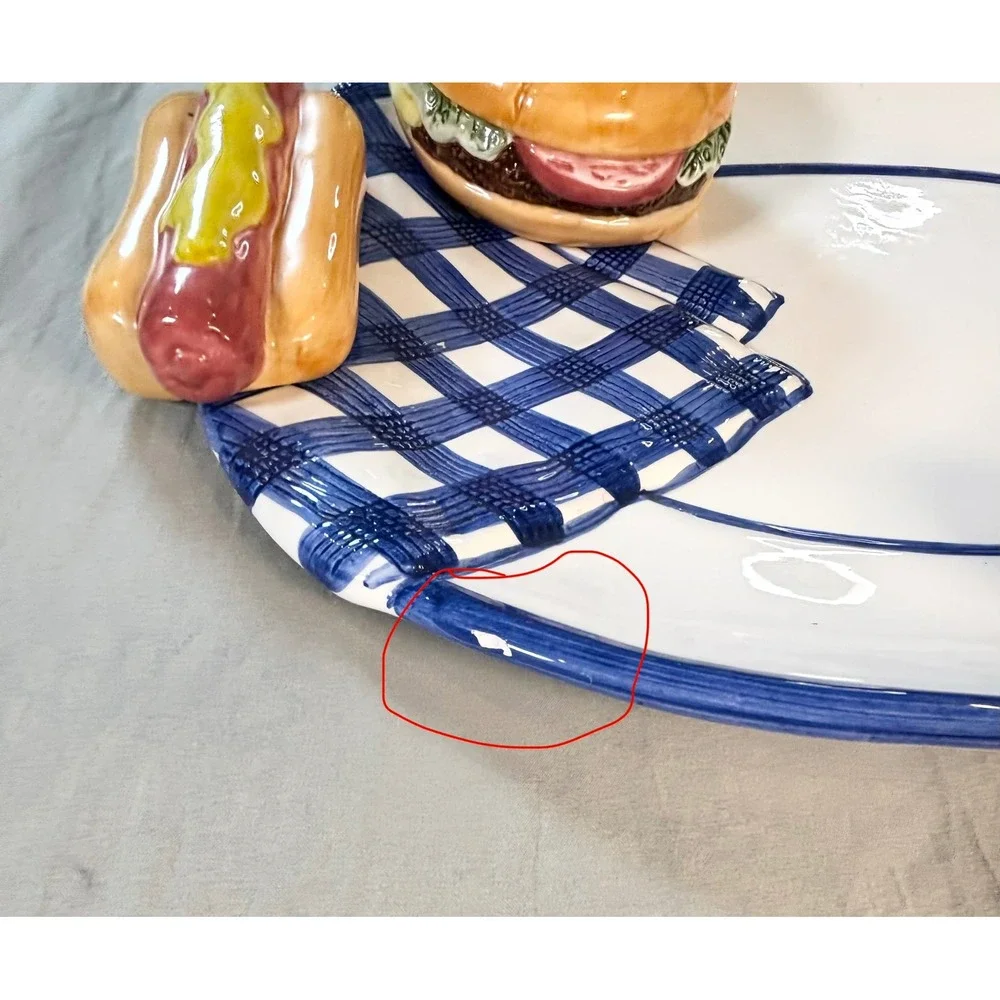 Vtg 90s lotus Ceramic BBQ Picnic Platter & Napkin Holder Set  Hot Dog hamburger